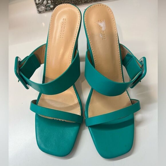 Women’s Green buckle open toe slip on high heels shoes, size 8 - Picture 6 of 8